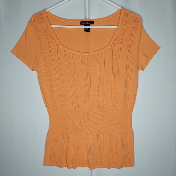 Sydney Easton Empire Knit Top Medium Square Neck Short Sleeve Orange Textured - Picture 7 of 14